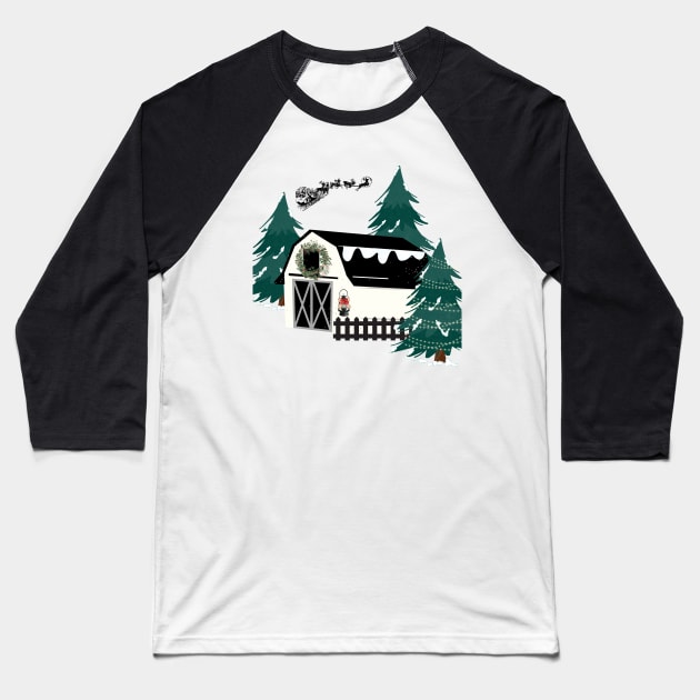 Winter Barn Scene Baseball T-Shirt by WildenRoseDesign